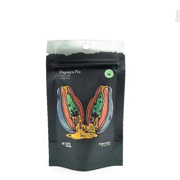 Bolsa negra de hachís Papaya con cierre superior, ilustración de una papaya abierta y las inscripciones «Papaya Pie» y «1 g».