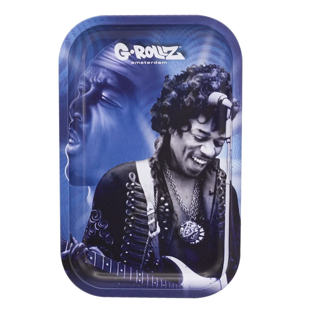 Bandeja G-Rollz Blue Spark de bordes redondeados, con diseño en tonos azules de un guitarrista ante un micrófono y un rostro de perfil.