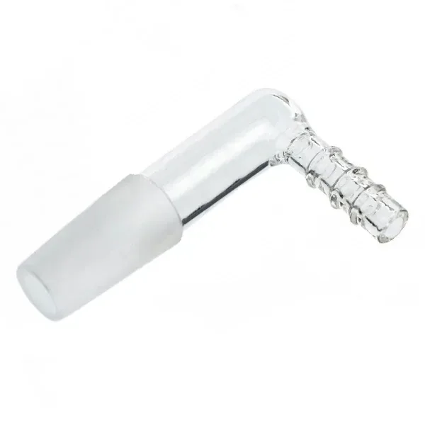 Adaptador transparente para bong Vaporite, con junta esmerilada y salida acodada con relieves, en diagonal sobre fondo blanco.
