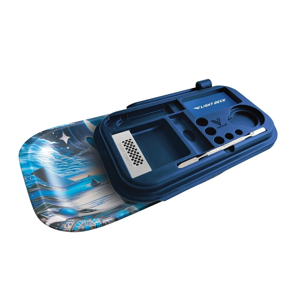 Bandeja Fumador Pharaoh con organizador azul de varios compartimentos, herramienta plateada y base deslizante con motivos egipcios.