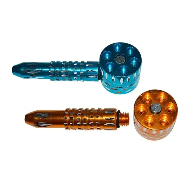 Pipa Metal 6 Shooter MALUMABONG en versiones azul y naranja, con cazoleta circular de varios orificios; la naranja aparece desenroscada.