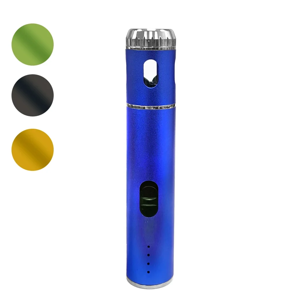 Grinder eléctrico cilíndrico azul con extremos plateados, dos ventanas y botón lateral, junto a muestras de color verde, negro y amarillo.