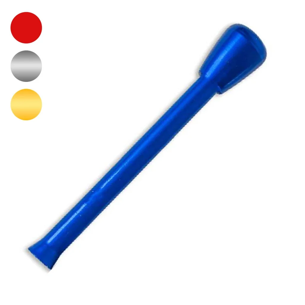 Tubo esnifador azul colocado en diagonal, con extremo ensanchado y muestras circulares de color rojo, plateado y dorado.