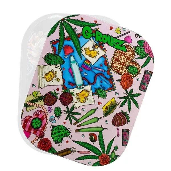 Tapa imantada G-Rollz Smoking Roses con esquinas redondeadas y fondo rosa ilustrado con hojas de cannabis, rosas y motivos de fumador.