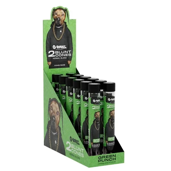 Expositor verde de conos G-Rollz Green Punch con varios tubos de tapa negra y un perro ilustrado con sudadera y cadena dorada.