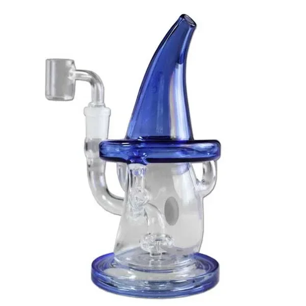 Bong de cristal Dwarf Blue con cuerpo transparente, boquilla curvada azul, base circular y recipiente lateral transparente.
