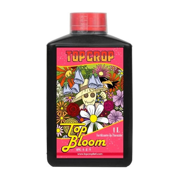 Botella negra de Top Bloom de Top Crop de 1 L, con tapón rojo y etiqueta rosa decorada con flores sobre fondo blanco.