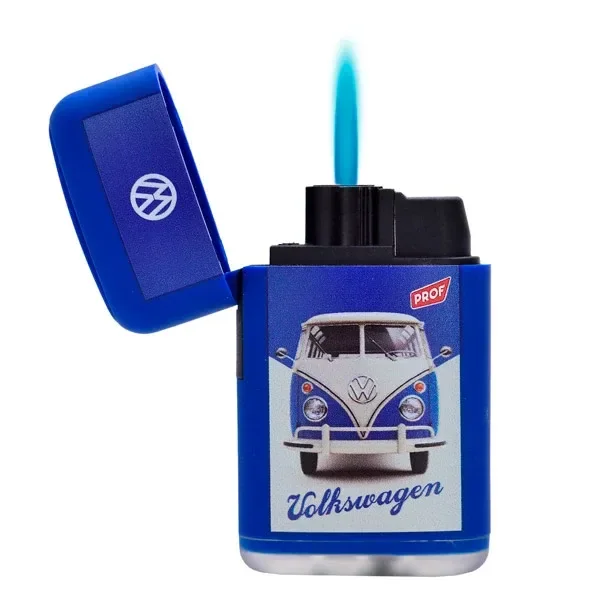 Mechero Volkswagen Jet Flame Capsule azul con tapa abierta, llama azul y una ilustración frontal de una furgoneta Volkswagen.