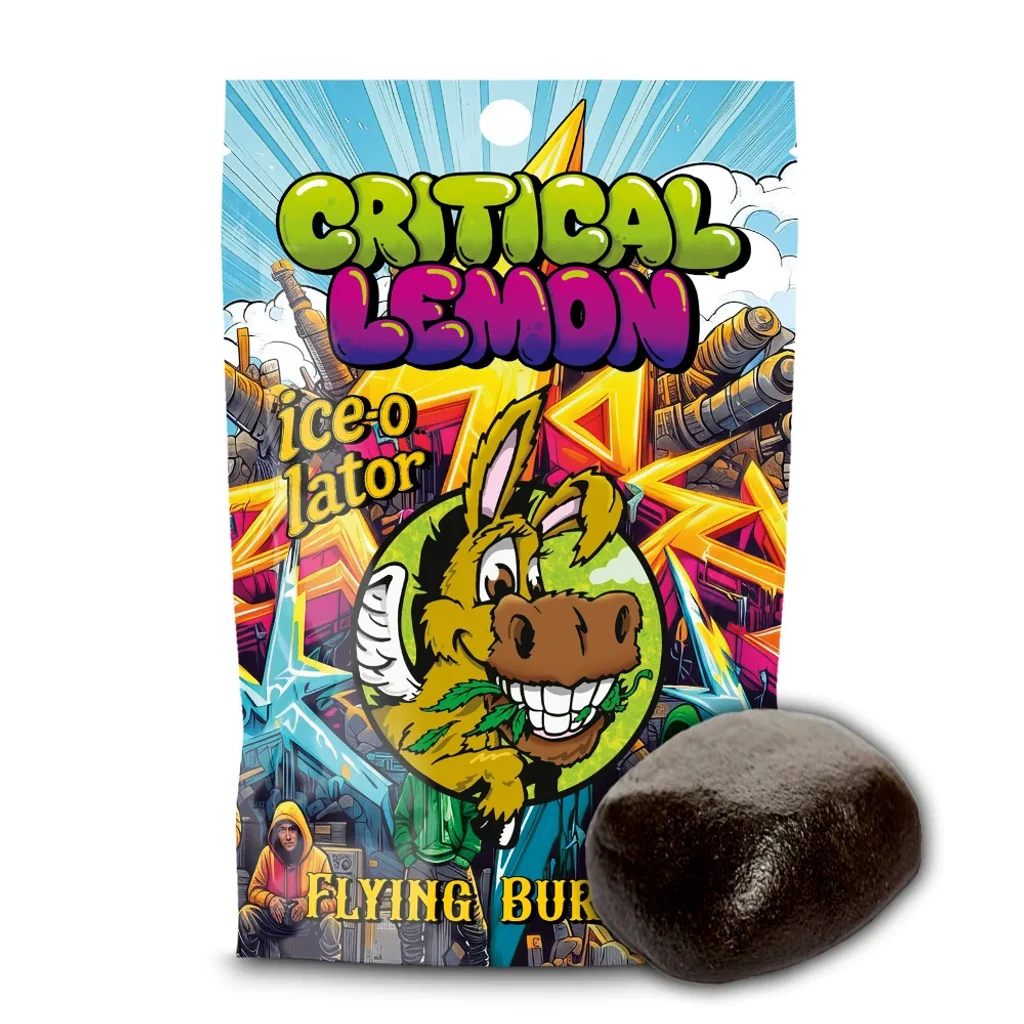 Hash Critical Lemon junto a un envase de colores vivos con el texto ice-o-lator y un burro de dibujos animados.