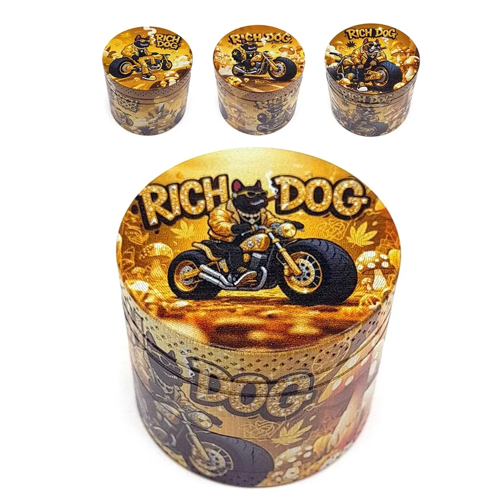 Grinders Gold Dog con distintos dibujos de perros en moto y tonos dorados; una unidad ampliada en primer plano y otras al fondo.