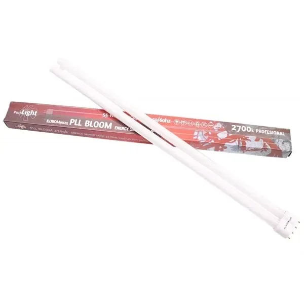 Tubo PLL Pure Light Bloom de 55 W, con dos tubos blancos paralelos y base con pines, sobre su caja roja rotulada 2700 K.