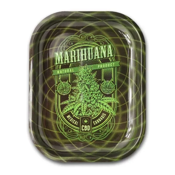 Bandeja rectangular de bordes redondeados, con diseño verde de cannabis sobre fondo oscuro y los textos Marihuana, Medical Cannabis y CBD.