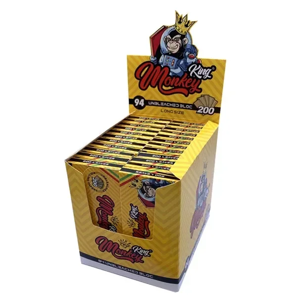 Expositor amarillo abierto de papel Monkey King Unbleached, con varias unidades y las cifras 94 y 200 en la cabecera.
