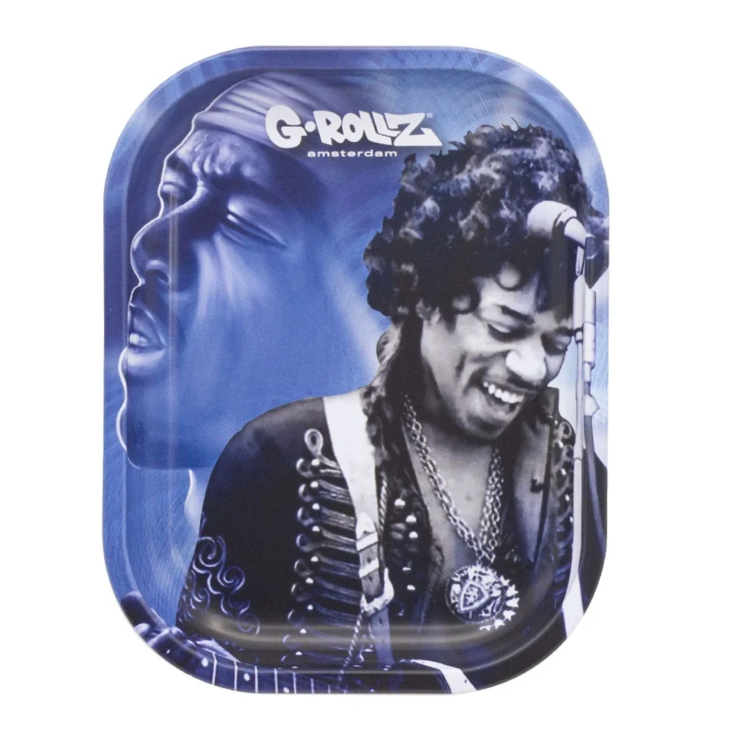 Bandeja G-Rollz Jimi Blue Spark con bordes redondeados y diseño azul que combina un músico con guitarra y un rostro de perfil.