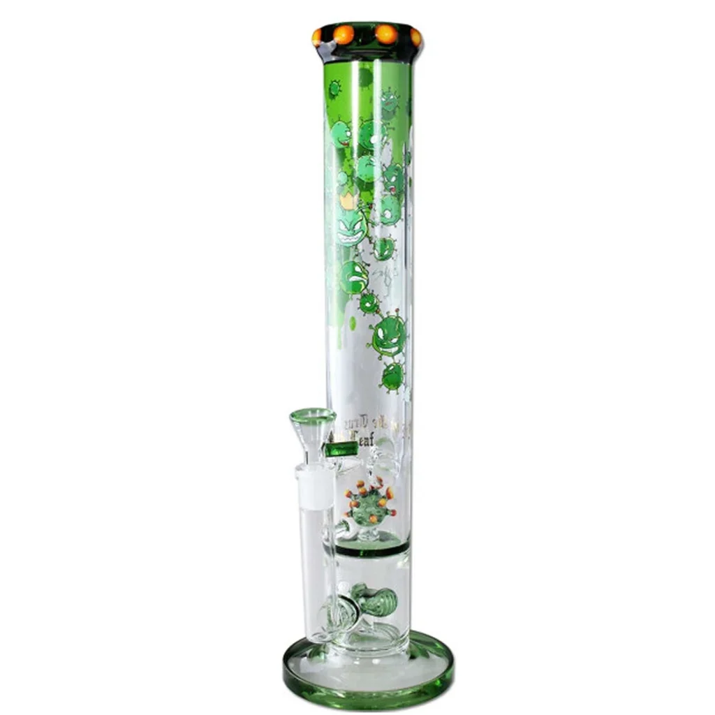 Bong Ice Invader Haze de cuerpo transparente y recto, base circular, cazoleta lateral y dibujos verdes de criaturas con ojos.