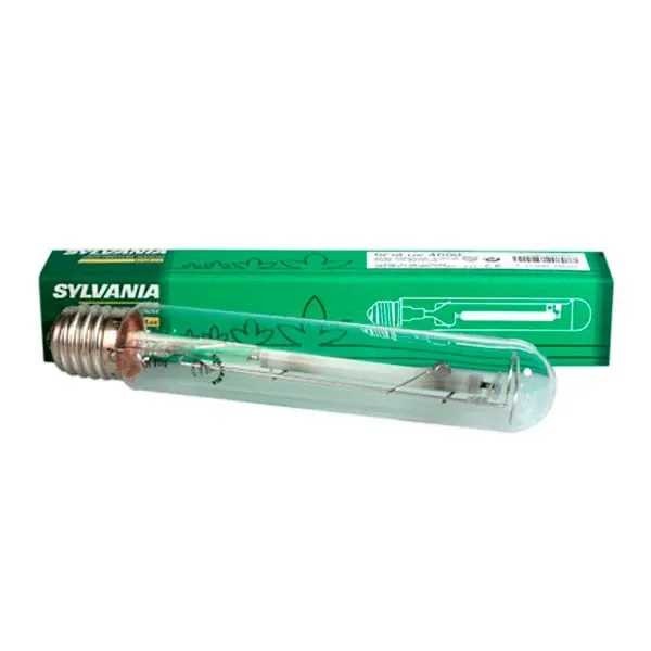 Bombilla HPS Sylvania TS de floración 250W, tubular y transparente, con casquillo roscado junto a su caja verde.