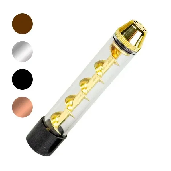 Pipa Twisty Blunt V12 en diagonal, con tubo transparente, espiral dorada y extremo negro, junto a muestras de varios acabados.