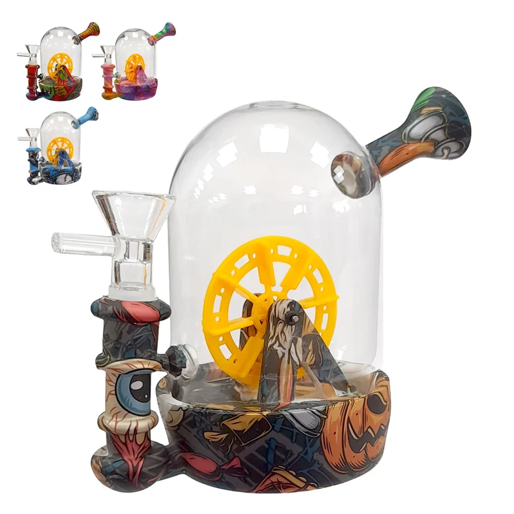 Bong Noria con cámara transparente, rueda amarilla interior y base decorada con dibujos multicolor; tres variantes pequeñas en una esquina.