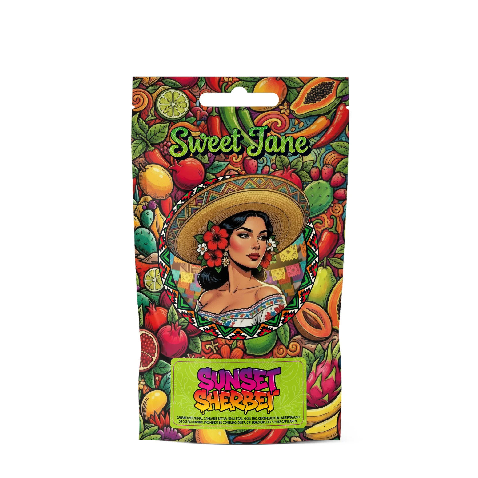 Bolsa Sweet Jane Sunset Sherbet decorada con frutas de colores y una mujer con sombrero y flores en el pelo, sobre fondo blanco.