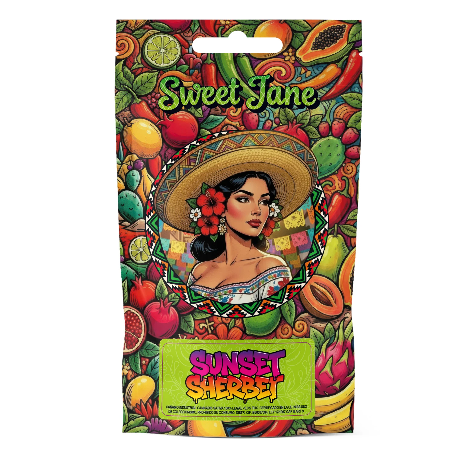 Envase Sweet Jane Sunset Sherbet con ilustraciones de frutas y una mujer con sombrero de ala ancha y flores rojas en el pelo.