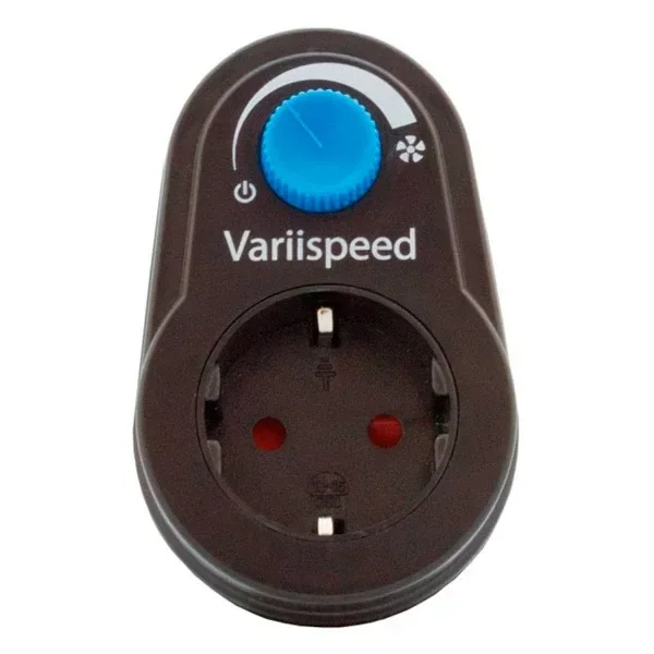 Controlador Variispeed negro con una rueda azul, escala de ajuste e icono de ventilador sobre una toma de corriente frontal.