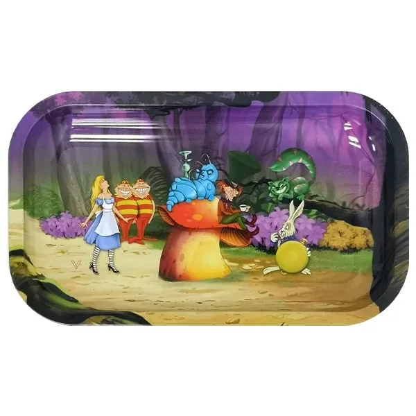 Bandeja rectangular de bordes redondeados con Alicia y personajes del País de las Maravillas en un bosque de tonos morados.