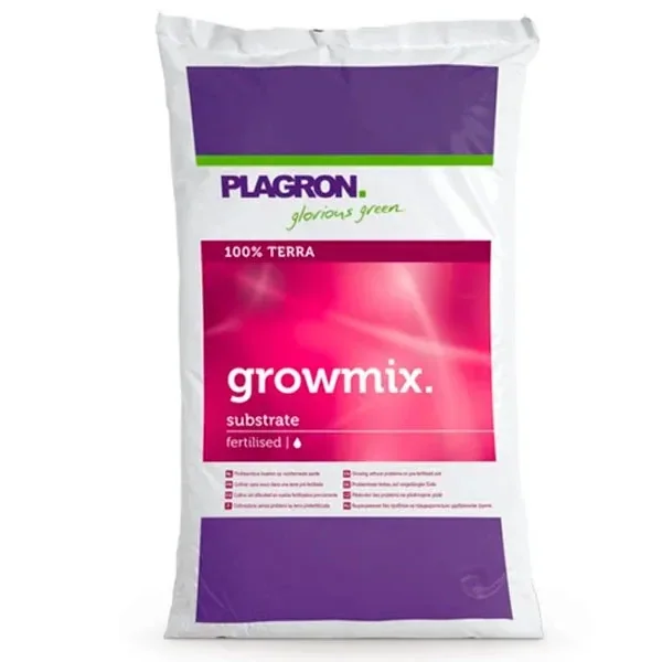 Saco blanco de sustrato Growmix de Plagron, con paneles morados y etiqueta central fucsia con el texto «100% Terra». Saco blanco de sustrato Growmix de Plagron, con paneles morados y etiqueta central fucsia con el texto «100% Terra».