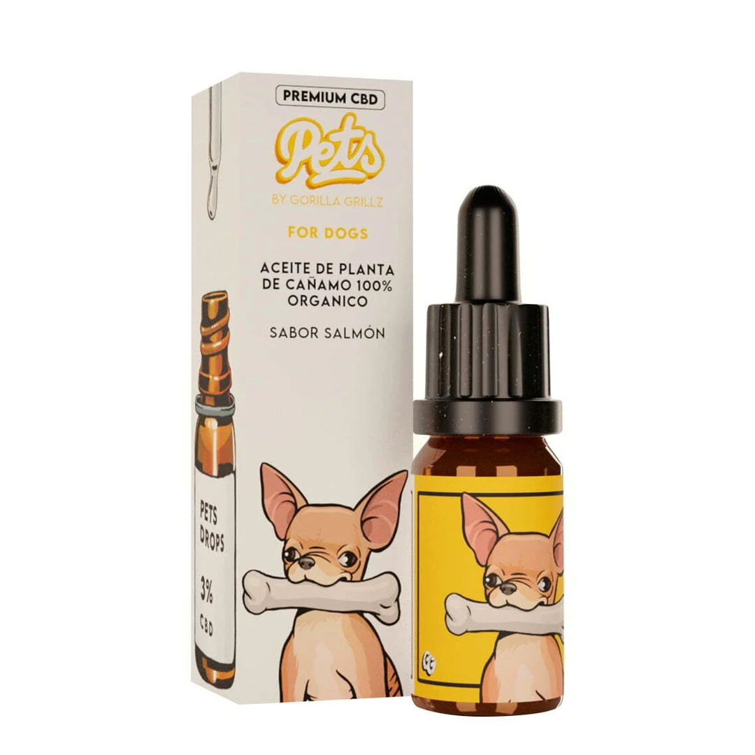 Aceite CBD Gorilla Grillz Pets para perros, de salmón al 3 %, con frasco cuentagotas y caja ilustrados con un perro con un hueso.