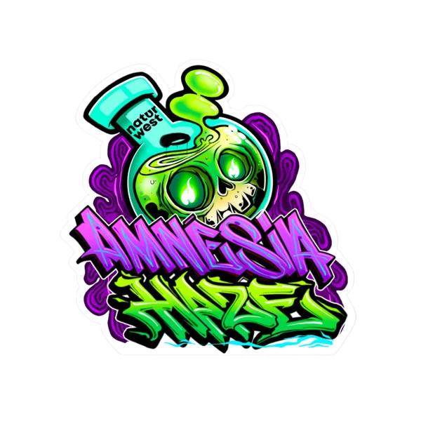 Diseño gráfico con texto Amnesia Haze en letras de grafiti moradas y verdes, una calavera dentro de un matraz y la marca Naturwest.