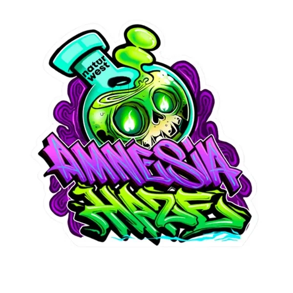 Diseño gráfico de Naturwest Amnesia Haze con letras de estilo grafiti en morado y verde y un frasco con calavera y ojos brillantes.