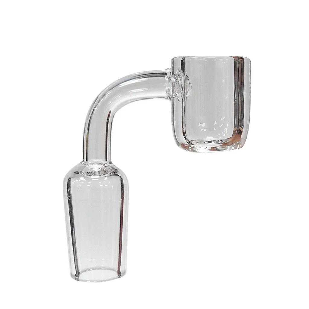 Cazoleta Banger transparente para bong, con recipiente cilíndrico, brazo curvado y conexión orientada hacia abajo sobre fondo blanco.