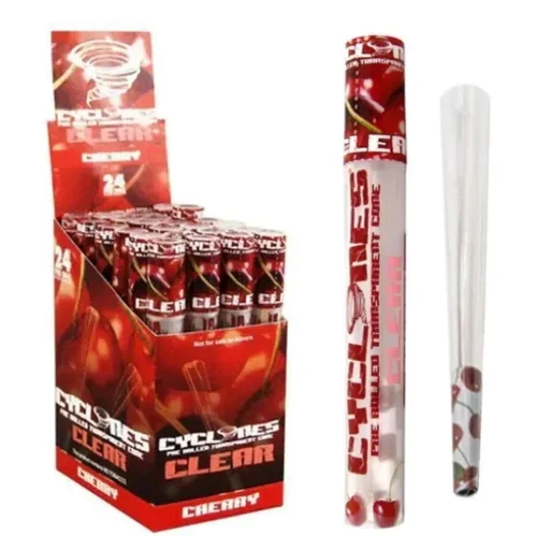 Expositor rojo de conos Cyclones Clear Cherry junto a un tubo individual y un cono transparente con dibujos de cerezas.