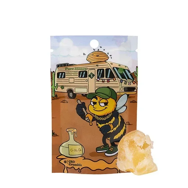 Crumble Pure Honey de CBD, con un fragmento amarillo junto a un envase ilustrado con una abeja y una autocaravana.