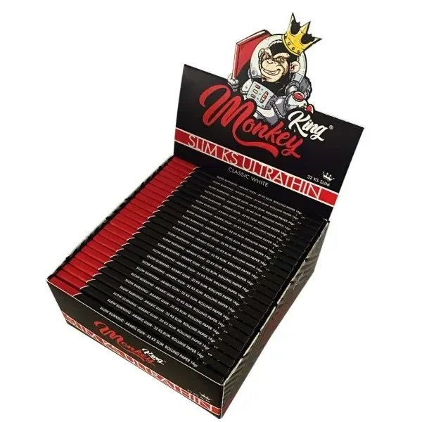 Expositor abierto de papel Monkey King Size Slim Ultra Thin, con librillos negros y rojos y un mono coronado en la cabecera.
