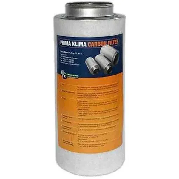 Filtro de carbón activo Prima Klima K1612, cilíndrico, con cubierta gris, boca superior metálica y etiqueta azul y naranja.