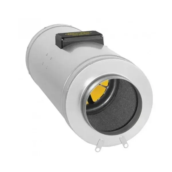 Extractor en línea CAN-FAN Q-Max EC de cuerpo cilíndrico gris, con caja superior negra y abertura frontal que deja ver parte de las aspas amarillas.