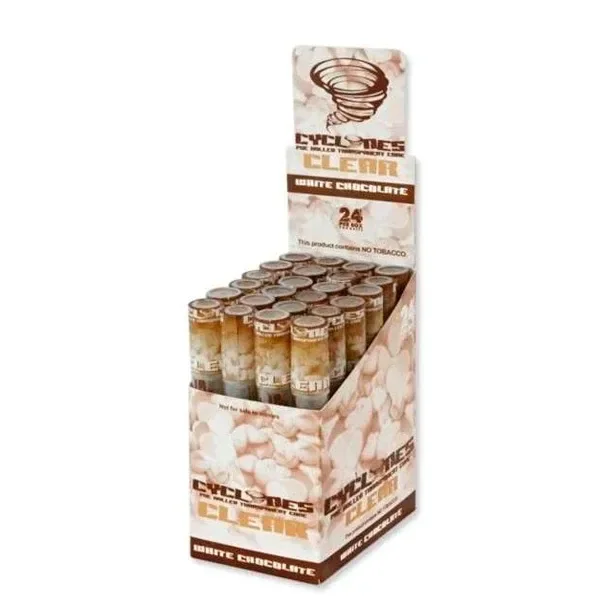Expositor Cyclones Klear White Chocolate con varias unidades en tubos individuales y envase decorado con motivos de chocolate blanco.