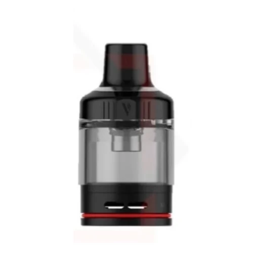 Cartucho Vaporesso GTX Go visto de frente, con depósito transparente, boquilla negra y una línea roja alrededor de la base. Cartucho Vaporesso GTX Go visto de frente, con depósito transparente, boquilla negra y una línea roja alrededor de la base.