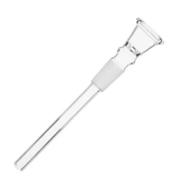 Cazoleta de cristal transparente con tubo largo para bong, colocada en diagonal y con una unión esmerilada.