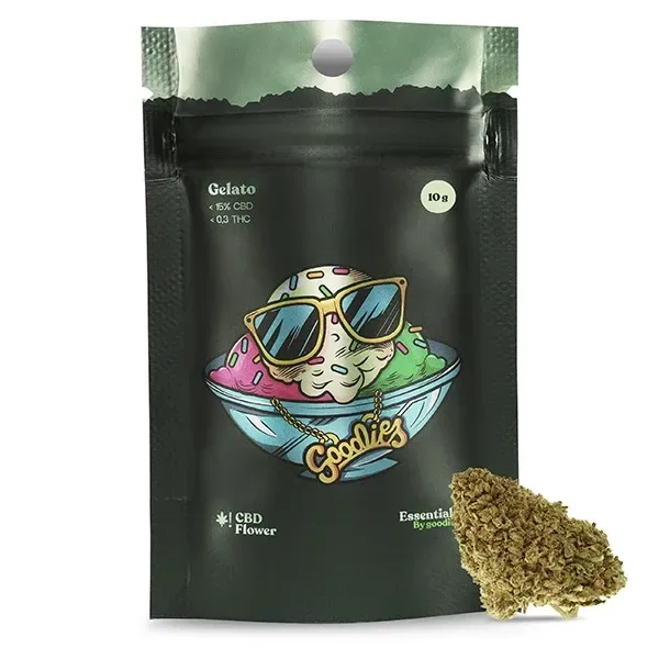 Bolsa verde oscura de Gelato CBD Goodies con un helado ilustrado con gafas de sol y un cogollo delante, sobre fondo blanco.