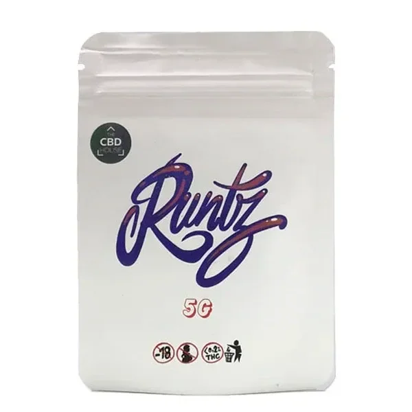 Bolsa blanca resellable de CBD House Runtz, con letras moradas grandes y la indicación de 5 g sobre fondo blanco.