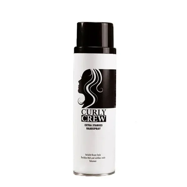Bote de ocultación con apariencia de laca Curly Crew, envase blanco, tapón negro y etiqueta con una silueta de cabello ondulado.
