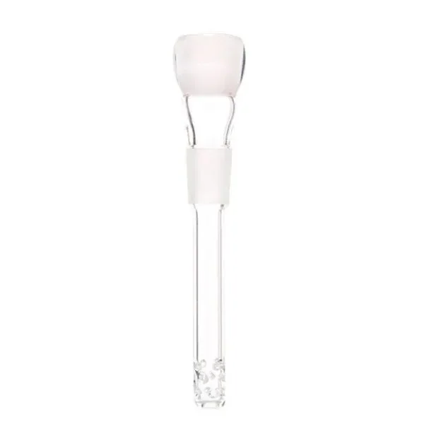 Tubo difusor de cristal transparente para bong, con cazoleta superior, unión esmerilada y aberturas en el extremo inferior, sobre fondo blanco.