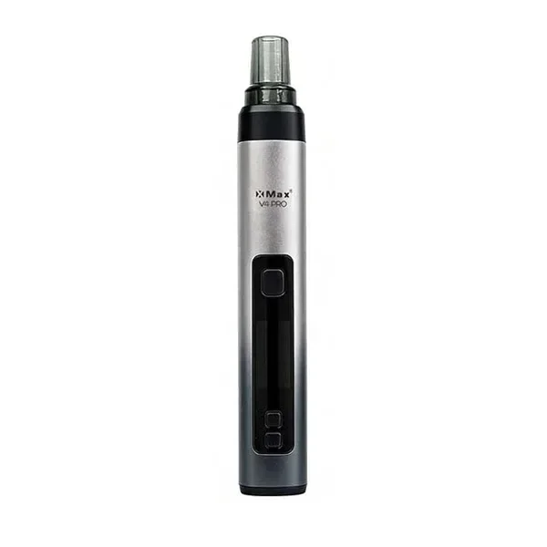 Vaporizador X-Max V4 Pro plateado y negro en posición vertical, con boquilla transparente y botones en el panel frontal.