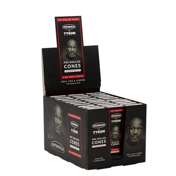 Expositor abierto de conos Futurola Mike Tyson King Size, con envases negros y rojos y retratos de Mike Tyson.