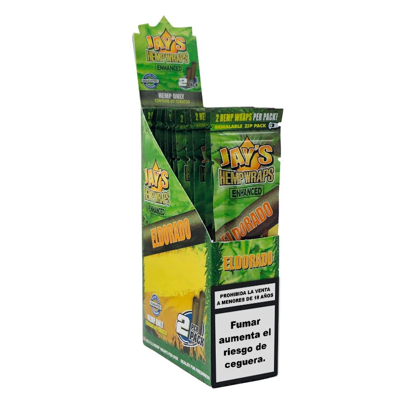 Expositor verde de Jay's Hemp Wraps El Dorado con sobres de dos unidades y una advertencia sanitaria en el frontal.