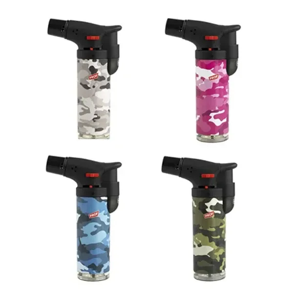 Selección de mecheros Jet Flame con cabezal negro y estampados de camuflaje en tonos grises, rosas, azules y verdes.