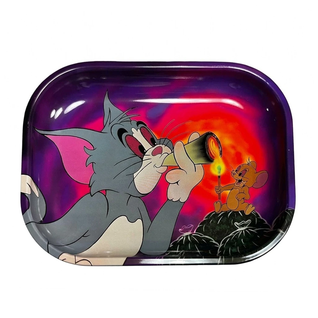 Bandeja rectangular de bordes redondeados con Tom fumando y Jerry sosteniendo una cerilla sobre un fondo morado, rojo y naranja.