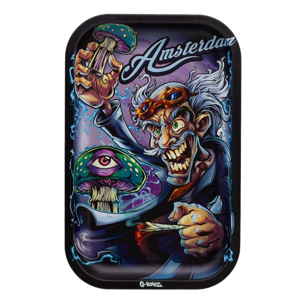 Bandeja G-Rollz Mad Scientist con borde negro, un científico caricaturizado, setas de colores y el texto Amsterdam.