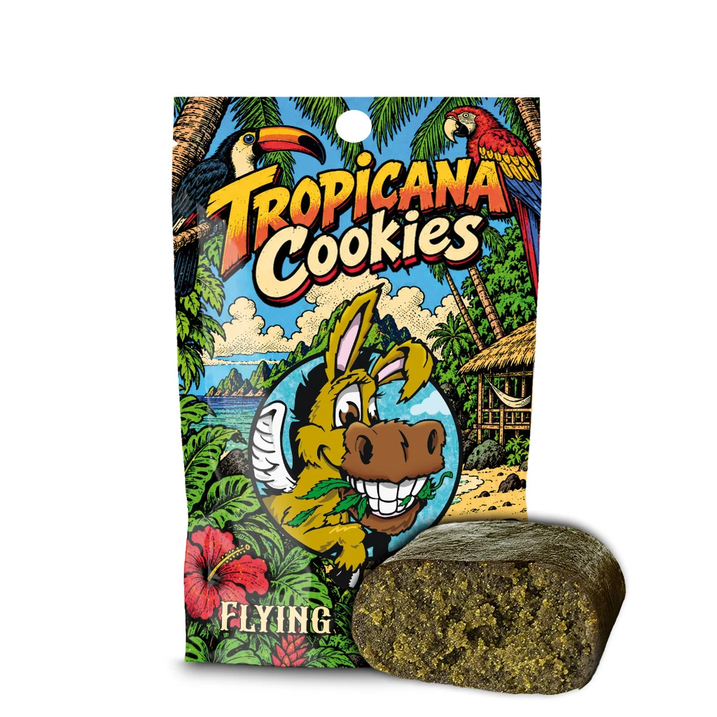 Hash CBD Flying Burrito Tropicana Cookies con bloque oscuro de interior granulado y envase ilustrado con un burro, un tucán y un guacamayo.